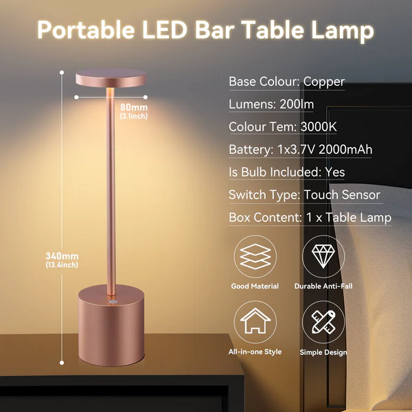 Table Lamp Portable LED Bar rechargeable Copper