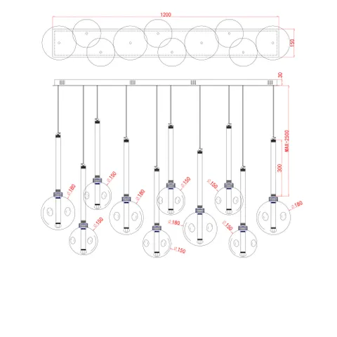 Pendant lamp Meteor 10 light Bar LED 45W 3K GL