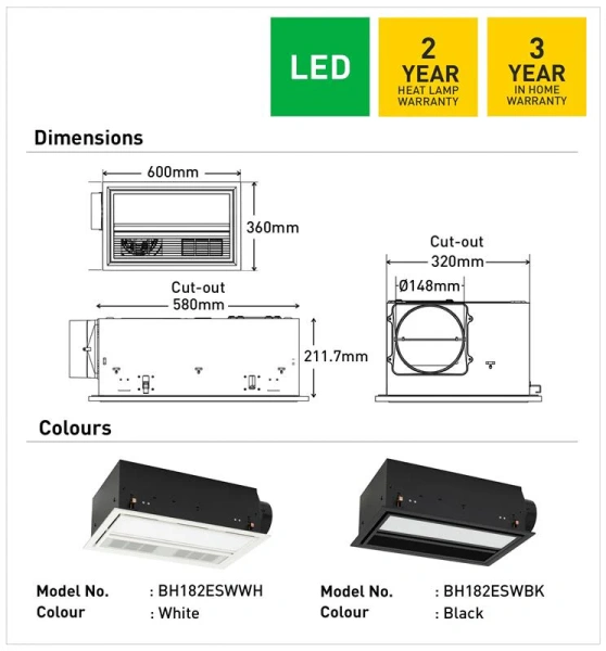 Exhaust fan Jupiter 3-in-1 Bathroom Heater 3CCT 20W LED BLK