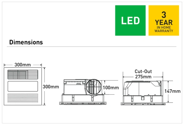 Exhaust fan Mercury Lite 3-in-1 Bathroom Heater 3CCT 15W LED WHT