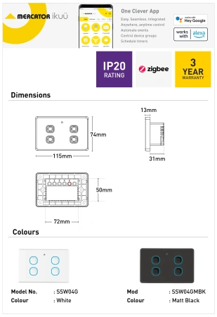 Wall switch Quad Ikuu Smart Zigbee WHT Wifi