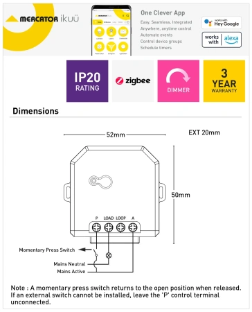 Ikuü Smart Zigbee Inline Switch With Dimmer - Momentary Press Switch