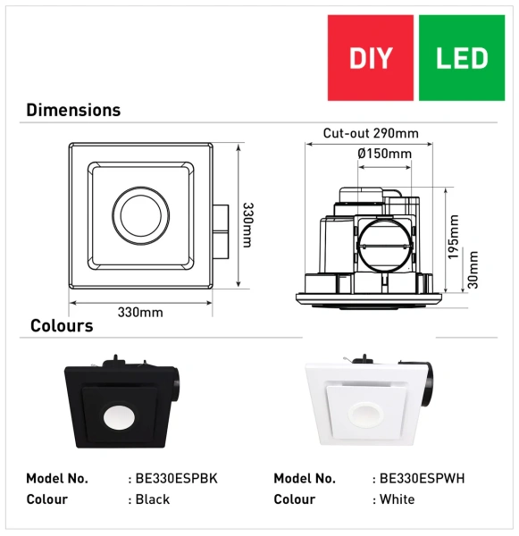 Exhaust fan Emeline II Large Square L33 35W LED 10W DIY WHT