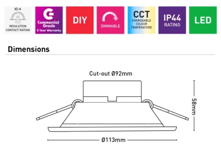 Downlight Aaydan 8W LED CCT Anti-Glare Deep WHT flex and plug