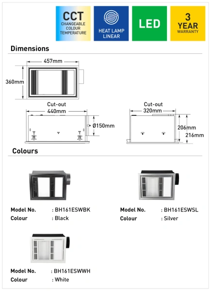 Exhaust fan Domini 3-in-1 Bathroom Heater 3CCT 13W LED BLK