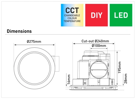 Exhaust fan Revoline 240 bathroom LED 13W 3CCT DIY WHT