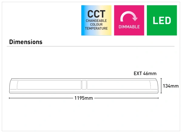 Batten Light Metro 48W LED CCT L119 Dim WHT Batten Light Metro 48W LED CCT L119 Dim WHT